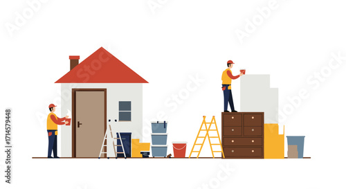 Home renovation scene with workers: tools, equipment, and ladders in action