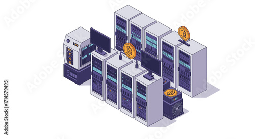 Isometric cryptocurrency mining technology with server racks and bitcoin symbols