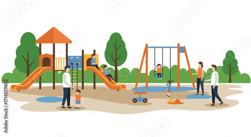 Colorful playground scene with children and adults enjoying outdoor activities
