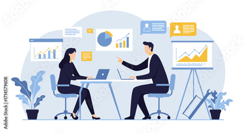 Collaborative business meeting with data analysis and growth charts in modern office setting
