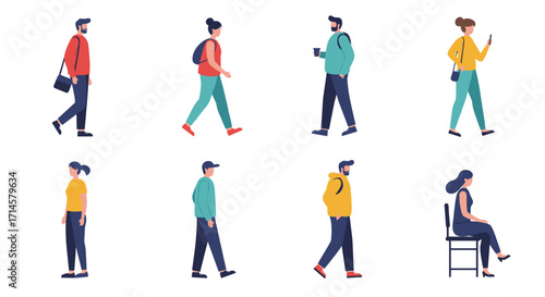 Diverse people walking and sitting in minimalist style with modern attire