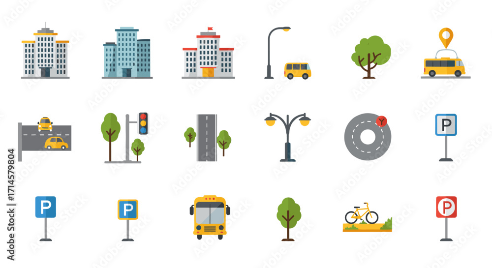 Obraz premium Urban elements set featuring buildings, transportation, and nature icons in flat style