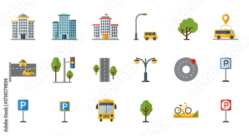 Urban elements set featuring buildings, transportation, and nature icons in flat style
