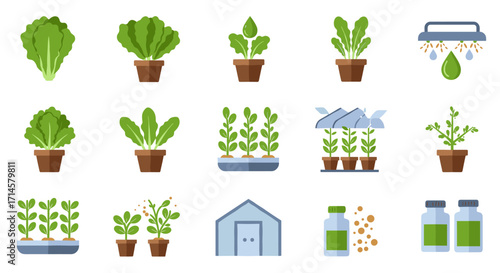 Sustainable farming and gardening icons featuring plants and hydroponics