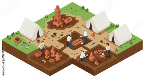 Isometric archaeological excavation scene with researchers and artifacts