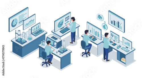 Modern laboratory isometric design with scientists analyzing data on computers