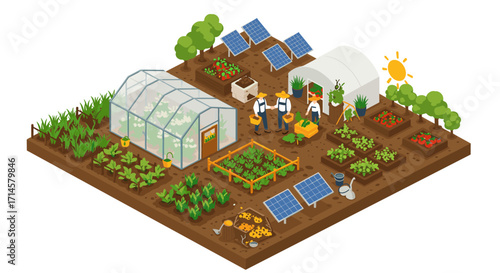 Sustainable farming with solar panels and greenhouses in an isometric garden scene