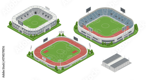 Modern isometric sports stadiums with outdoor fields and seating