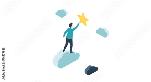 Man reaching for gold star while standing on cloud