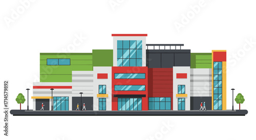 Modern shopping mall exterior with flat design and vibrant colors