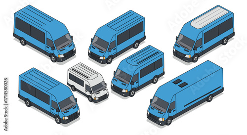 Isometric blue fleet of passenger and cargo vans in various configurations
