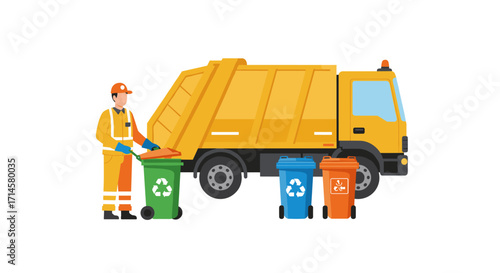 Garbage truck and worker sorting recycling bins in flat design