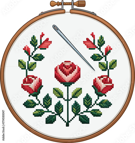 Embroidery Hoop with Floral Cross Stitch Pattern and Needle on Transparent Background Craft Project