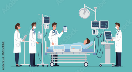 Medical team in hospital room with patient and modern equipment