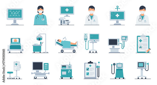 Medical equipment and healthcare professionals in a flat design