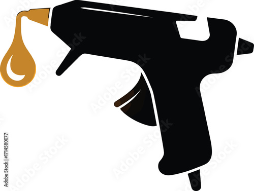 Black Glue Gun with Golden Glue Droplet on Transparent Background Crafting and Repair Tool