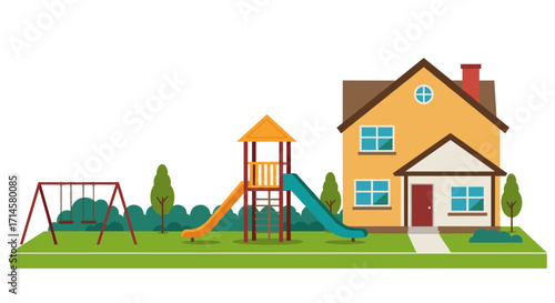Charming suburban backyard with playground and house in flat design