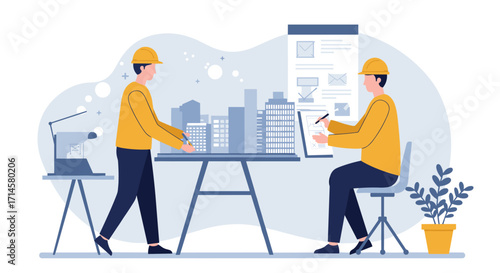 Architects collaborating on urban design project in modern office setting