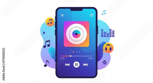 Music player app interface design on smartphone for online streaming and listening experience vector graphic
