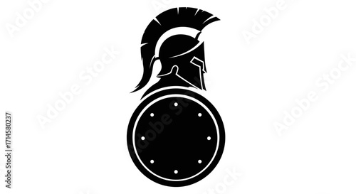 A black silhouette of a Spartan warrior's helmet and shield, symbolizing strength and ancient warfare.