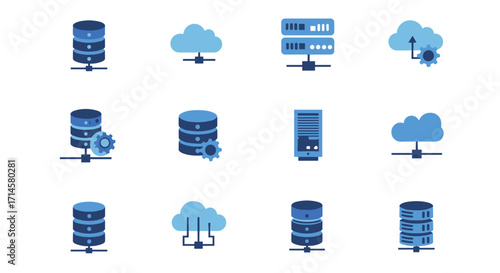 Cloud computing and data storage icons set in flat style