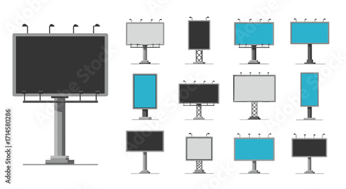 Variety of blank billboards in different shapes and colors on white background