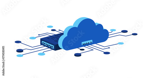 Blue isometric cloud computing design with network connections