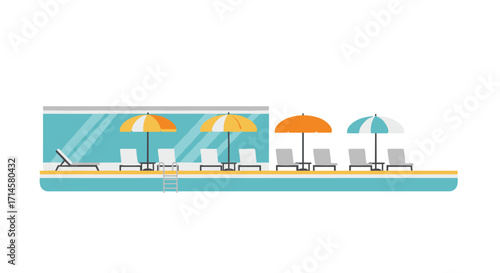 Poolside relaxation space with sun loungers and umbrellas in a minimalist flat design