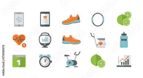 Fitness and health icons: exercise, nutrition, and wellness essentials