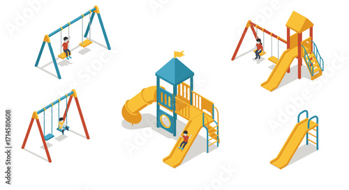 Colorful playground equipment in isometric style with kids playing on swings and slides