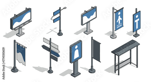 Isometric urban signage collection with billboards and directional signs