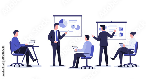 Business team in meeting with charts and graphs in modern office setting