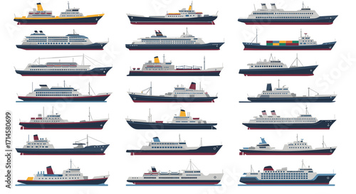 Collection of diverse ferry ship designs in flat style