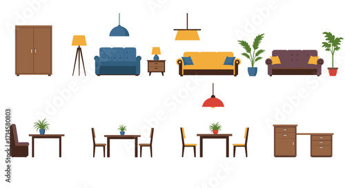 Modern home furniture collection for stylish interior design in flat style