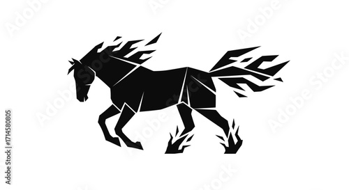A stylized black silhouette of a running horse with fiery mane and tail, depicted with sharp geometric lines.