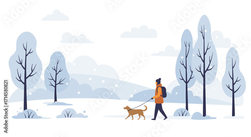 Winter walk in snowy park with dog and bare trees
