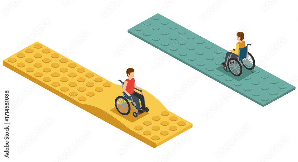 Fototapeta premium Isometric figures in wheelchairs on colorful lego style ramps