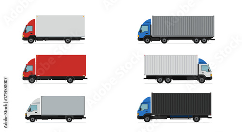 Side view of colorful cargo trucks in minimalist design