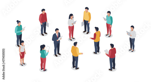 Diverse isometric team engaged in discussion and collaboration on white background