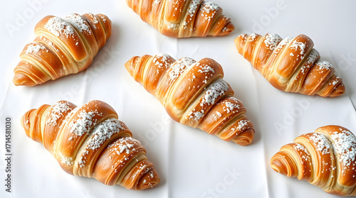 Golden baked French pastries, delicious croissants dusted with powdered sugar, arranged on a clean white surface for a delightful breakfast