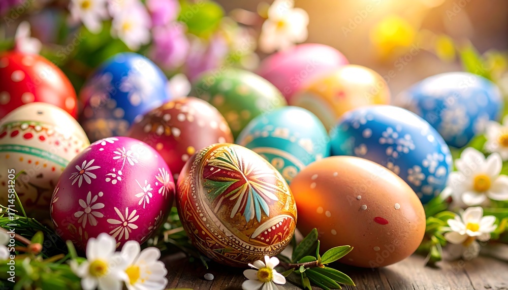Fototapeta premium Colorful Easter eggs with flowers