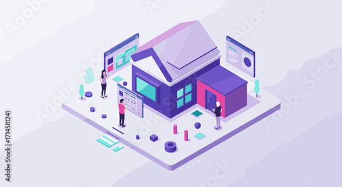 Isometric home design teamwork scene with digital interfaces and collaborative tools