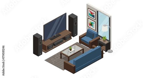 Modern isometric living room with home theater and contemporary decor