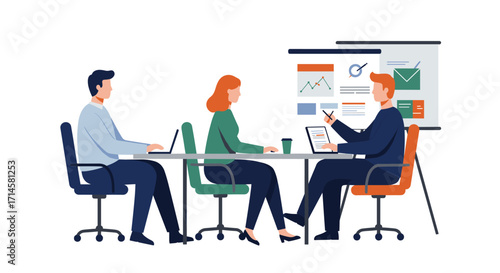 Team meeting with business presentation in modern office setting