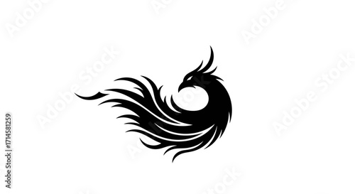 A stylized black phoenix silhouette with flowing fiery wings against a white background.
