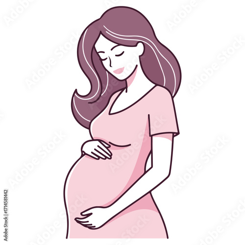 Pregnant woman in pink dress gently holding her belly.