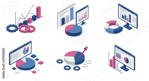 Isometric data visualization with charts and graphs for business analysis