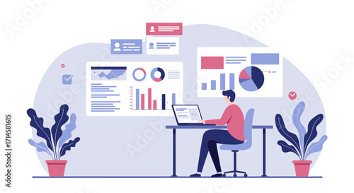 Data analyst working on laptop with charts and graphs in minimalist office space