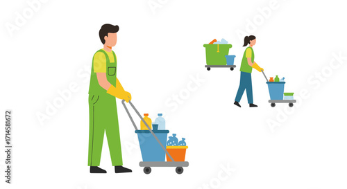 Flat style people cleaning with trolleys and cleaning supplies in action