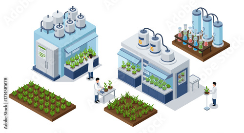 Isometric urban farming and laboratory research with hydroponics and organic cultivation